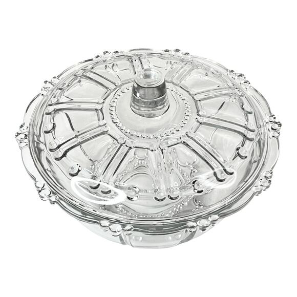 Vintage CANDY DISH 7” Clear Glass Bowl & Lid KIG Kedaung Oyster Pearl Beaded - Picture 2 of 7